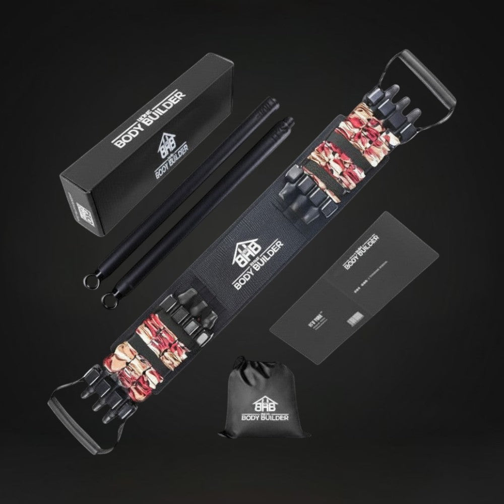 GYMFINDSHUB Body Builder adjustable resistance band system with stackable bands, padded grips, and storage bag.