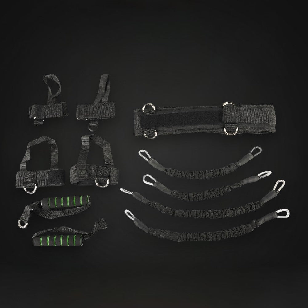 GYMFINDSHUB boxing resistance training set with black waist belt, wrist and ankle straps, and green-handled bands.