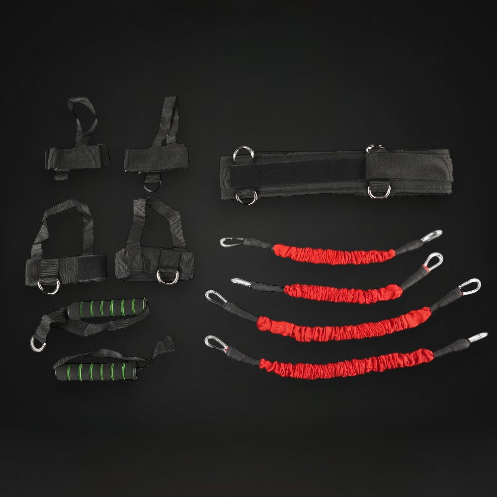 GYMFINDSHUB boxing resistance training set with waist belt, ankle straps, wrist handles, and red elastic bands.