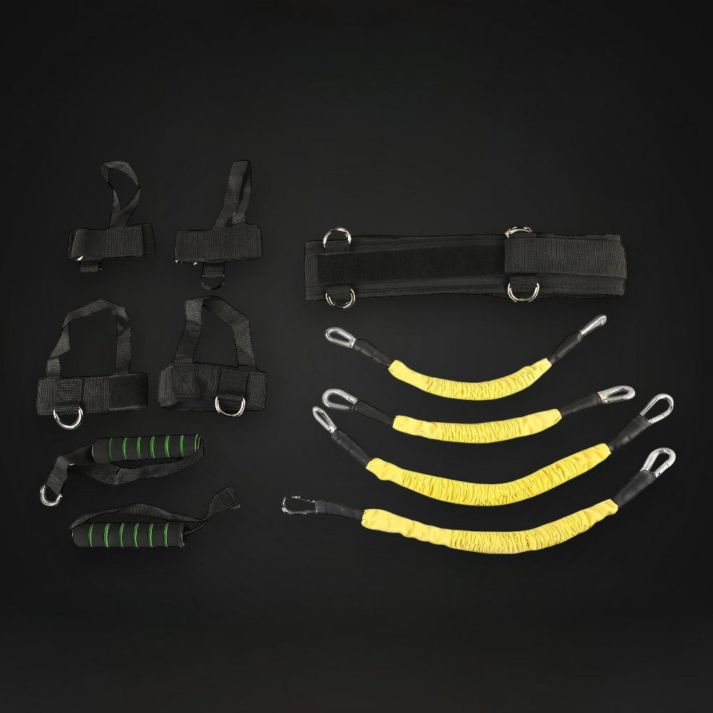 GYMFINDSHUB boxing resistance training set with black waist belt, wrist and ankle straps, and yellow elastic bands.