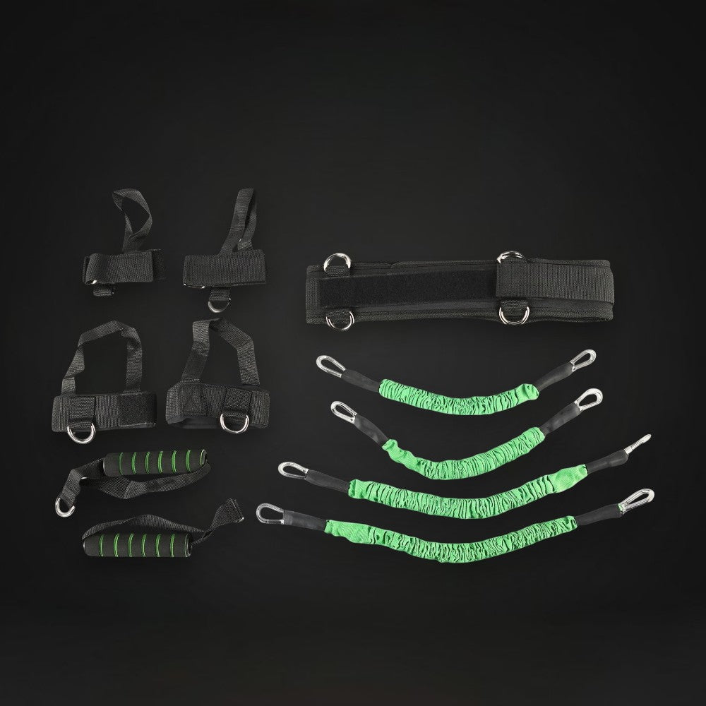 GYMFINDSHUB boxing resistance training set with black waist belt, wrist and ankle straps, and green resistance bands.