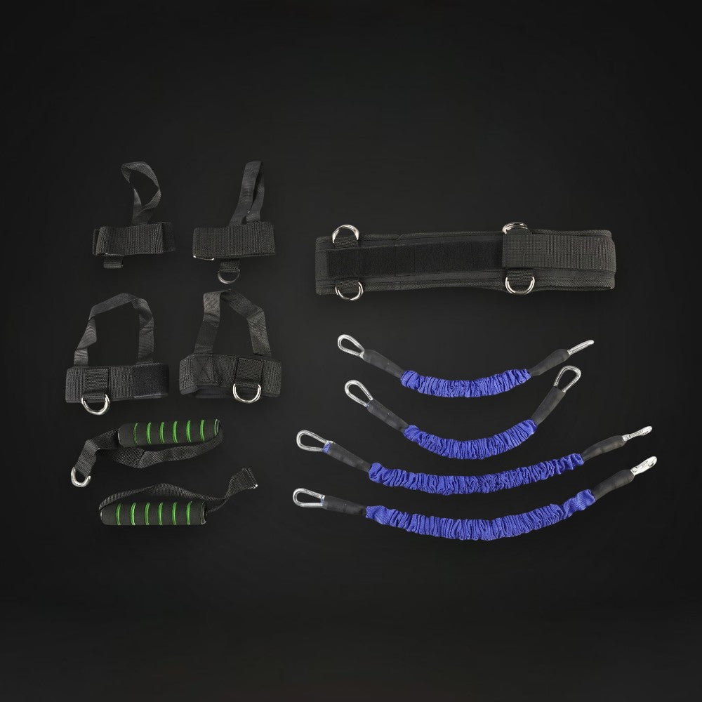 GYMFINDSHUB boxing resistance training set with waist belt, ankle straps, handles, and blue elastic bands.