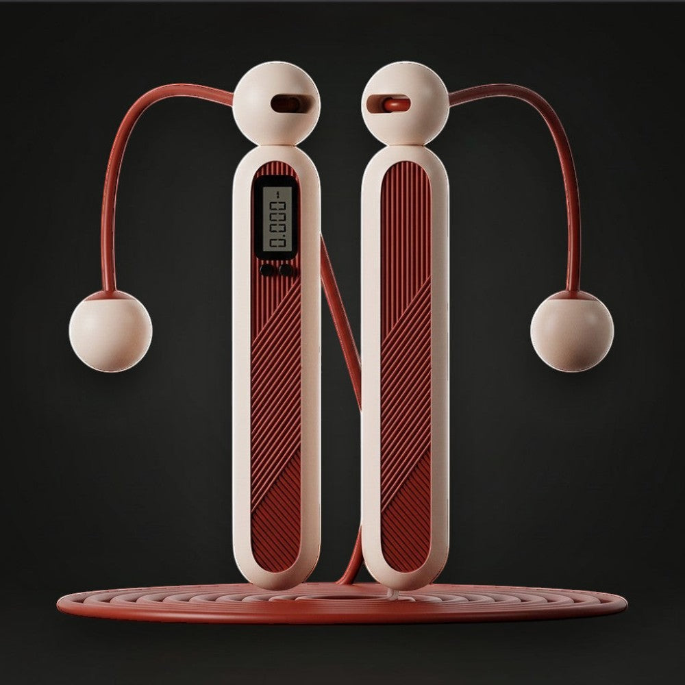 GYMFINDSHUB cordless weighted jump rope with digital counter and ergonomic handles in cream and red on black background