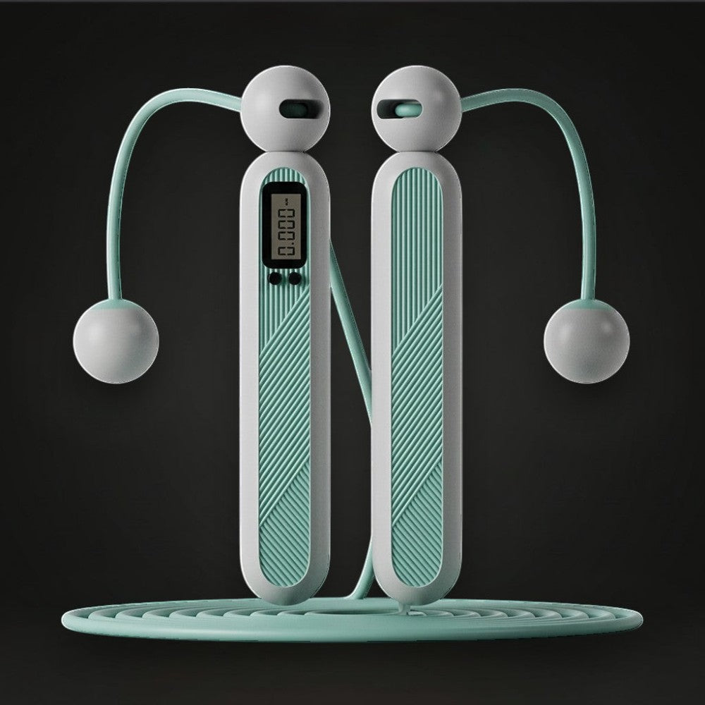 GYMFINDSHUB cordless weighted jump rope with digital display, mint green and grey ergonomic handles for home fitness.