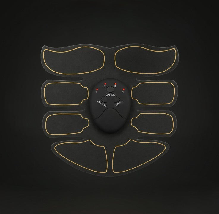 GYMFINDSHUB black EMS abdominal muscle trainer pad with central control unit and gold trim for home fitness training