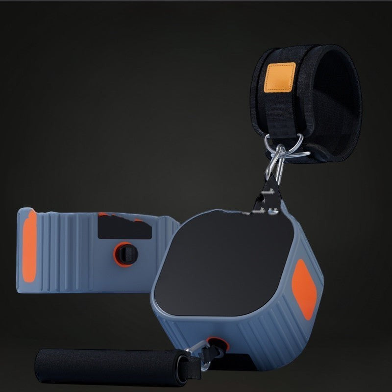 GYMFINDSHUB portable resistance cable training system with grey housing, orange accents, ergonomic handle, and ankle strap