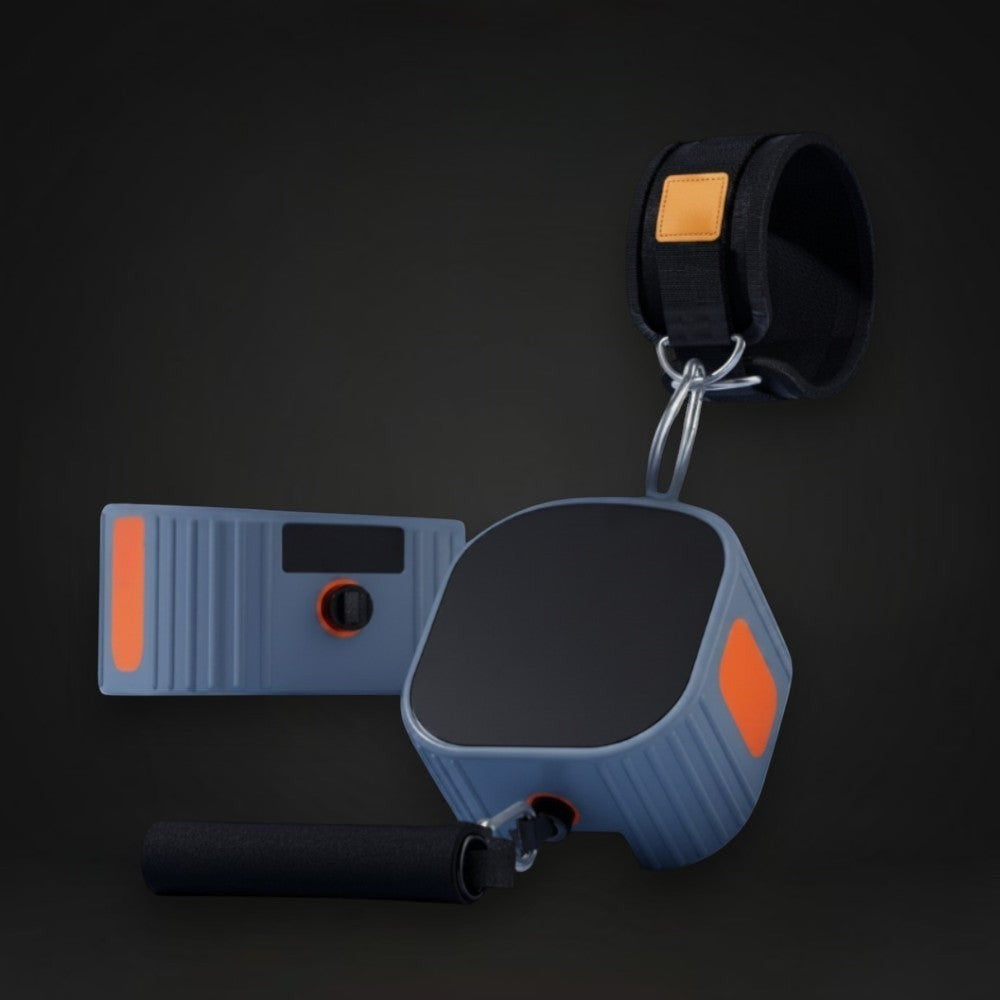 GYMFINDSHUB portable resistance cable training system with grey housing, orange accents, ergonomic handle, and ankle strap