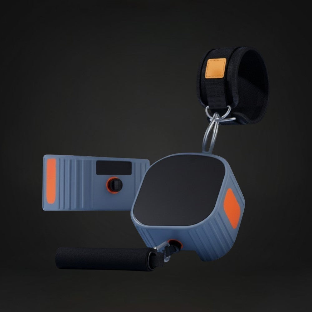 GYMFINDSHUB portable resistance cable system with grey housing, orange accents, ergonomic handle, and padded ankle strap.