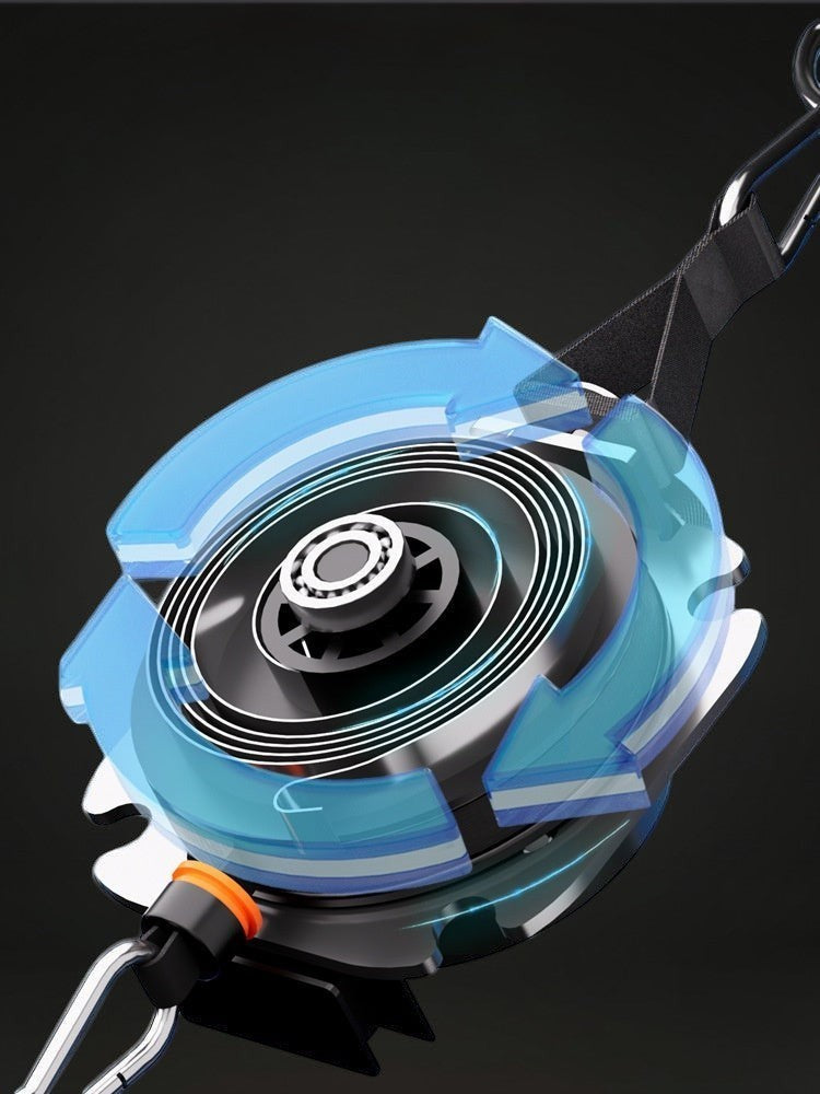 GYMFINDSHUB portable resistance cable system internal mechanism showing durable tension coil and smooth cable retraction